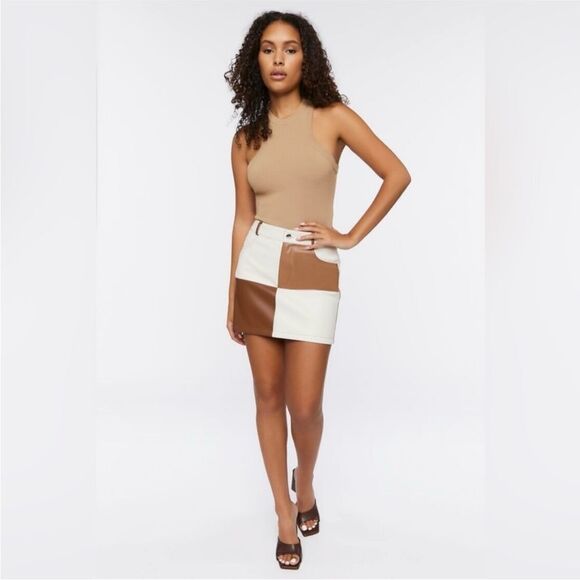 Forever 21 Faux Leather Patchwork on Brown And Tan Mini Skirt L - Picture 7 of 7